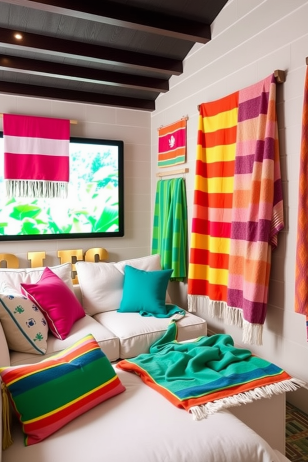 A vibrant summer home theater featuring colorful beach towels as decor accents. The towels are draped over plush seating and hung on the walls, adding a playful touch to the space.