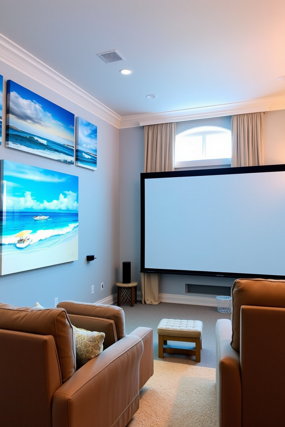 Beach-themed artwork on the walls creates a serene coastal atmosphere. Large canvas prints of ocean scenes and vibrant beach landscapes are arranged in a gallery style. The summer home theater features plush seating and ambient lighting for a cozy viewing experience. Soft, sandy-colored drapes frame the windows, while a large screen is mounted against a backdrop of light blue walls.