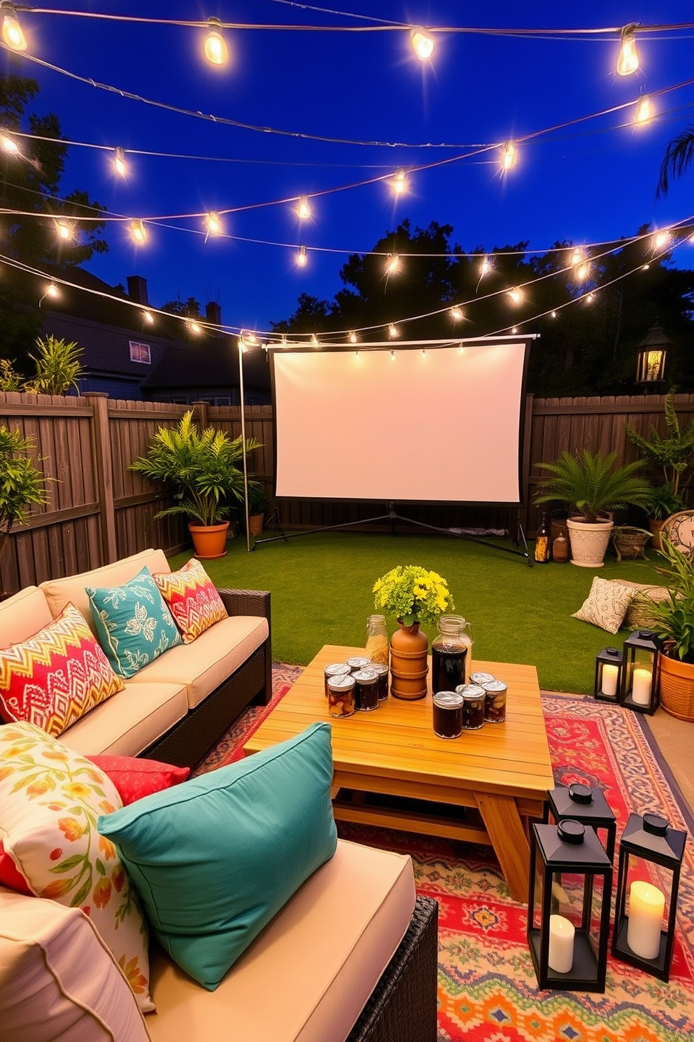 Create an inviting outdoor movie night setup featuring a cozy seating area with plush cushions and a large projector screen. String lights are draped overhead, casting a warm glow, while a wooden coffee table holds snacks and drinks in stylish containers. Incorporate summer-themed decor elements such as vibrant throw pillows and a colorful outdoor rug to enhance the atmosphere. Surround the space with potted plants and lanterns for a touch of greenery and ambiance.