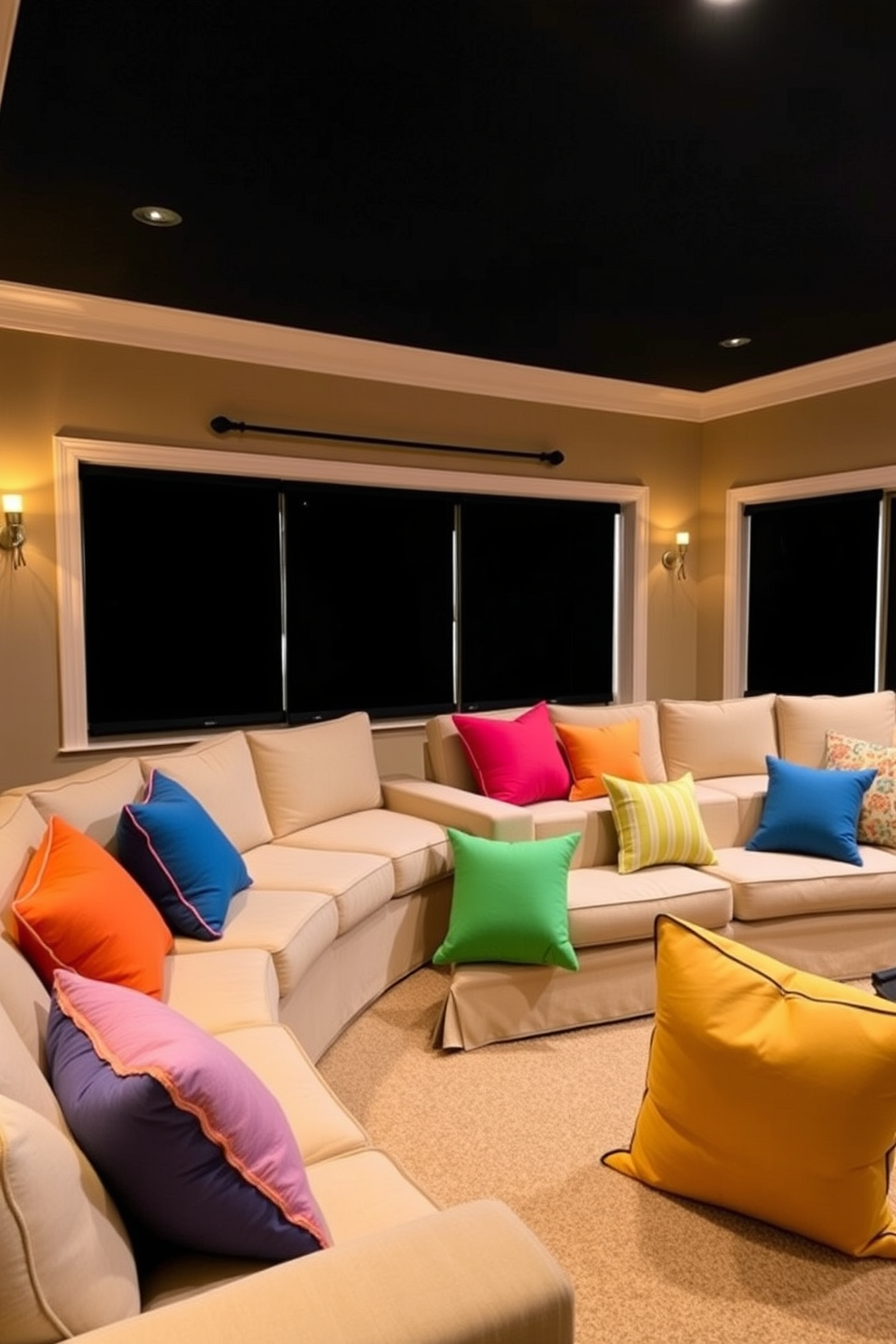 A cozy summer home theater featuring plush seating arranged in a semi-circle. Bright throw pillows in various colors are scattered across the seats, inviting comfort and relaxation. The walls are painted in a soft beige tone, enhancing the warm ambiance of the space. Large blackout curtains frame the windows, ensuring an optimal movie-watching experience during the day.