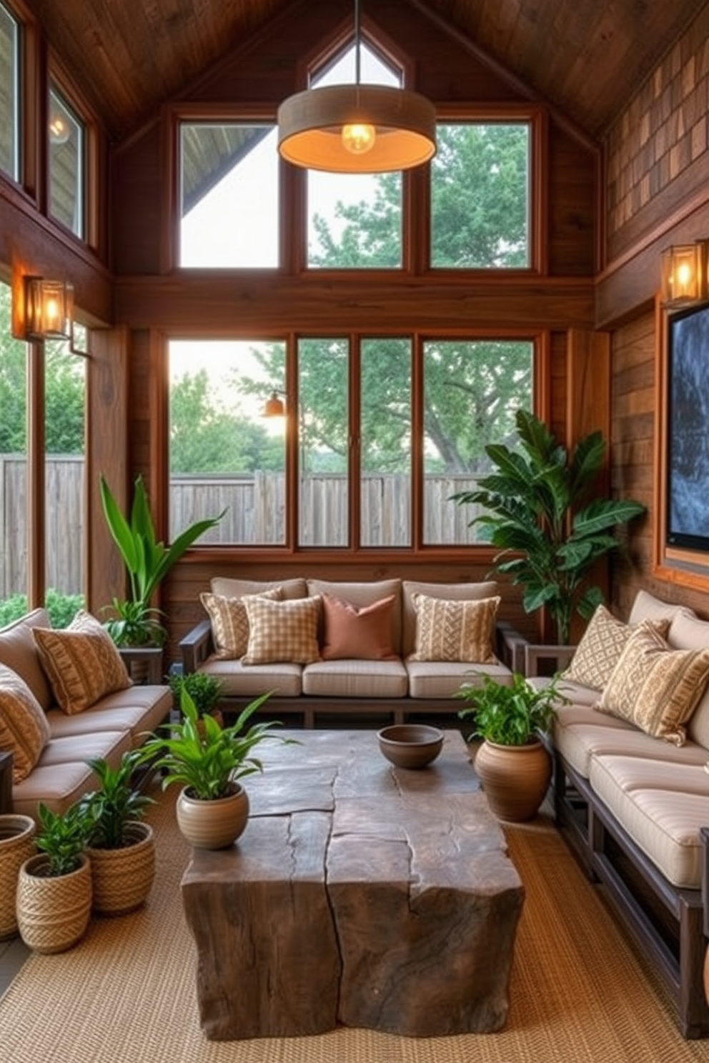 A cozy outdoor-inspired home theater featuring natural wood accents and large windows that bring in plenty of natural light. The seating area is adorned with plush cushions in earthy tones, and potted plants are strategically placed to enhance the connection with nature. The decor incorporates elements like woven baskets and a rustic coffee table made from reclaimed wood. Soft lighting fixtures mimic the warmth of a sunset, creating an inviting atmosphere for movie nights.