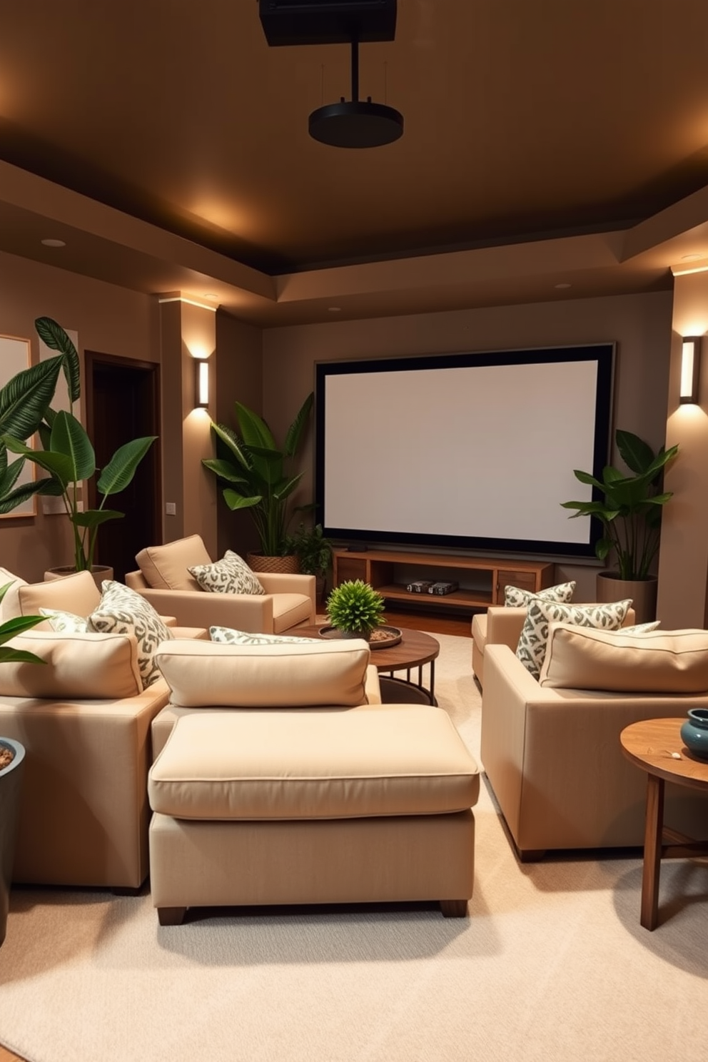 A cozy summer home theater featuring plush seating arranged for optimal viewing. The walls are adorned with tropical plant prints, and large potted plants are placed strategically to enhance the fresh ambiance. A large screen is mounted on the wall, flanked by soft, ambient lighting. The floor is covered with a light, airy rug that complements the tropical theme, creating a relaxing atmosphere for movie nights.