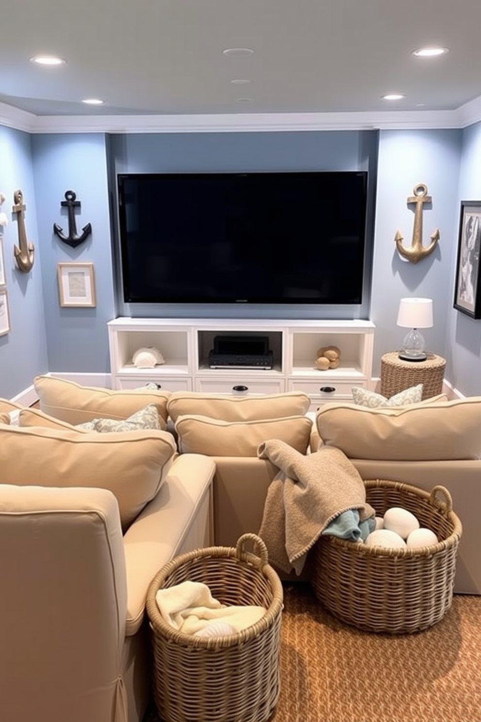 A cozy summer home theater setting featuring nautical accessories like anchors and seashell decor. The walls are painted in a soft blue shade, and plush seating is arranged in a semi-circle facing a large screen. Decorative anchors are mounted on the walls, complemented by beach-themed artwork. Soft, ambient lighting creates a warm atmosphere, while a woven basket filled with blankets sits in the corner for added comfort.