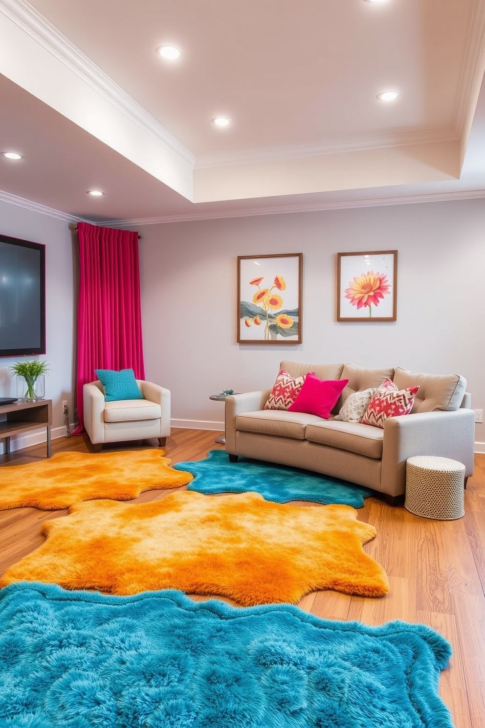 Bright area rugs for warmth. Soft textures in vibrant colors are scattered across the hardwood floor, creating a cozy atmosphere. Summer Home Theater Decorating Ideas. The walls are painted in a light, airy color, and plush seating is arranged for optimal viewing comfort.