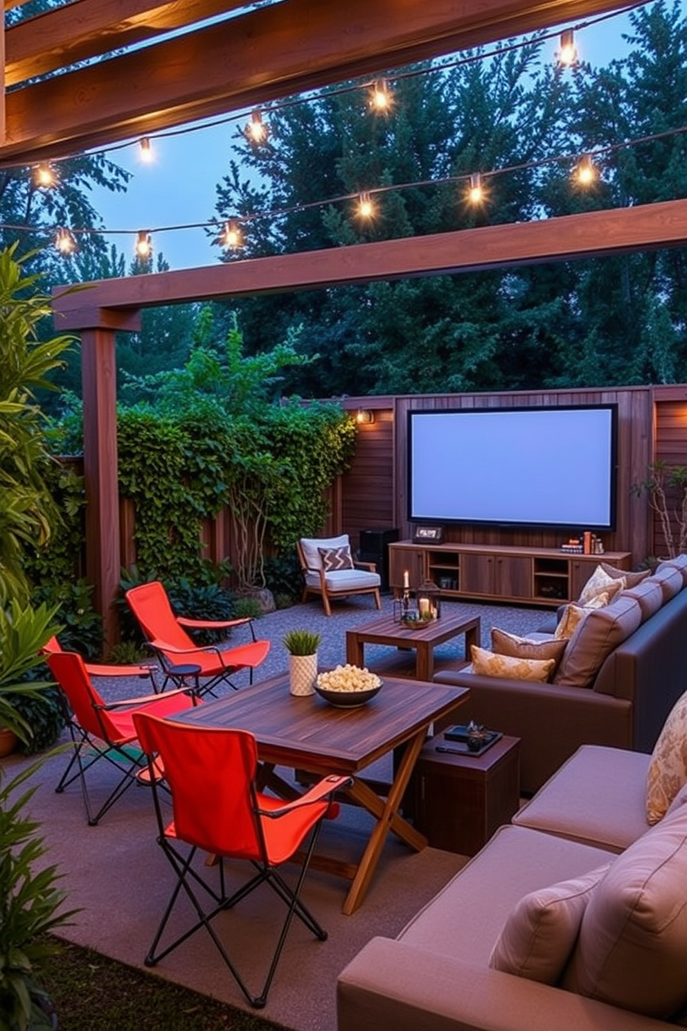 Portable outdoor seating options. Imagine a cozy patio featuring lightweight, foldable chairs in vibrant colors set around a rustic wooden table. Lush greenery surrounds the area, with string lights overhead creating a warm ambiance for evening gatherings. Summer Home Theater Decorating Ideas. Envision a spacious living room transformed into a cinematic experience with a large screen mounted on the wall and plush sectional seating arranged for optimal viewing. Soft, dimmable lighting enhances the atmosphere, while popcorn and snacks are neatly organized on a stylish side table.