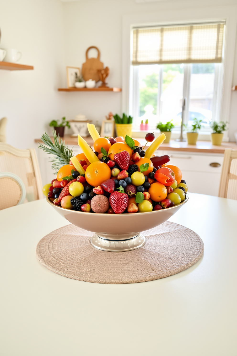 A vibrant and colorful fresh fruit centerpiece is arranged in a large, shallow bowl at the center of the dining table. The bowl is filled with an assortment of seasonal fruits such as oranges, apples, and berries, creating a cheerful and inviting atmosphere. The summer kitchen is adorned with light and airy decor that reflects a relaxed vibe. Soft pastel colors dominate the space, complemented by natural wood accents and fresh herbs in small pots on the windowsill.