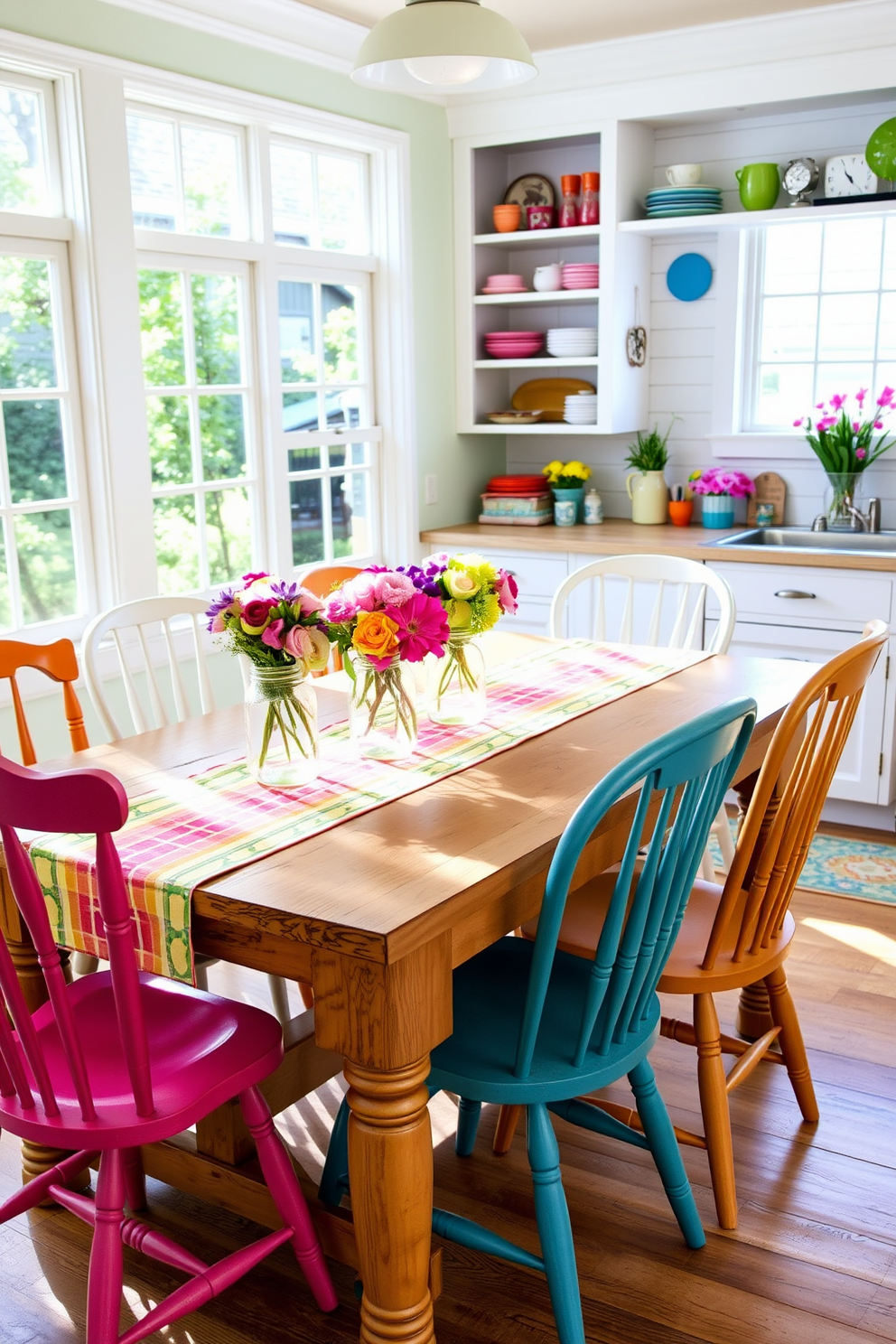 A vibrant summer kitchen setting features a rustic wooden dining table adorned with a colorful runner that adds a cheerful touch. Surrounding the table are mismatched chairs in bright hues, creating a playful and inviting atmosphere. The kitchen walls are painted in a soft pastel color, complementing the fresh floral arrangements placed in mason jars on the table. Sunlight streams through large windows, illuminating the space and highlighting the open shelving filled with colorful dishware and summer-inspired decor.