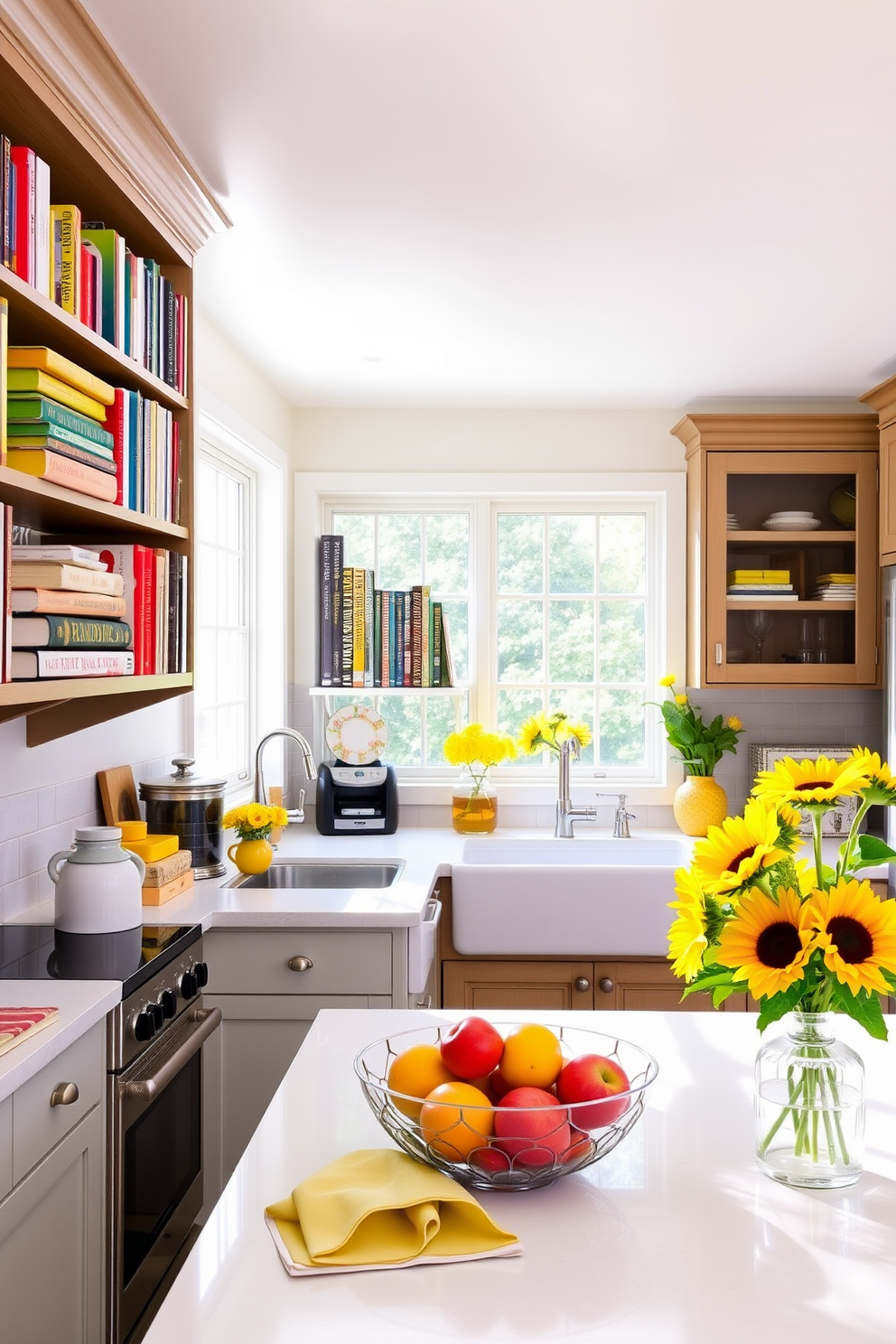 A bright and airy kitchen filled with natural light. The shelves are lined with an array of colorful seasonal cookbooks, showcasing vibrant covers that add a pop of color to the space. Fresh summer decor accents the kitchen, featuring cheerful yellow and green accents. A bowl of ripe fruit sits on the countertop, and a bouquet of sunflowers brightens the room.