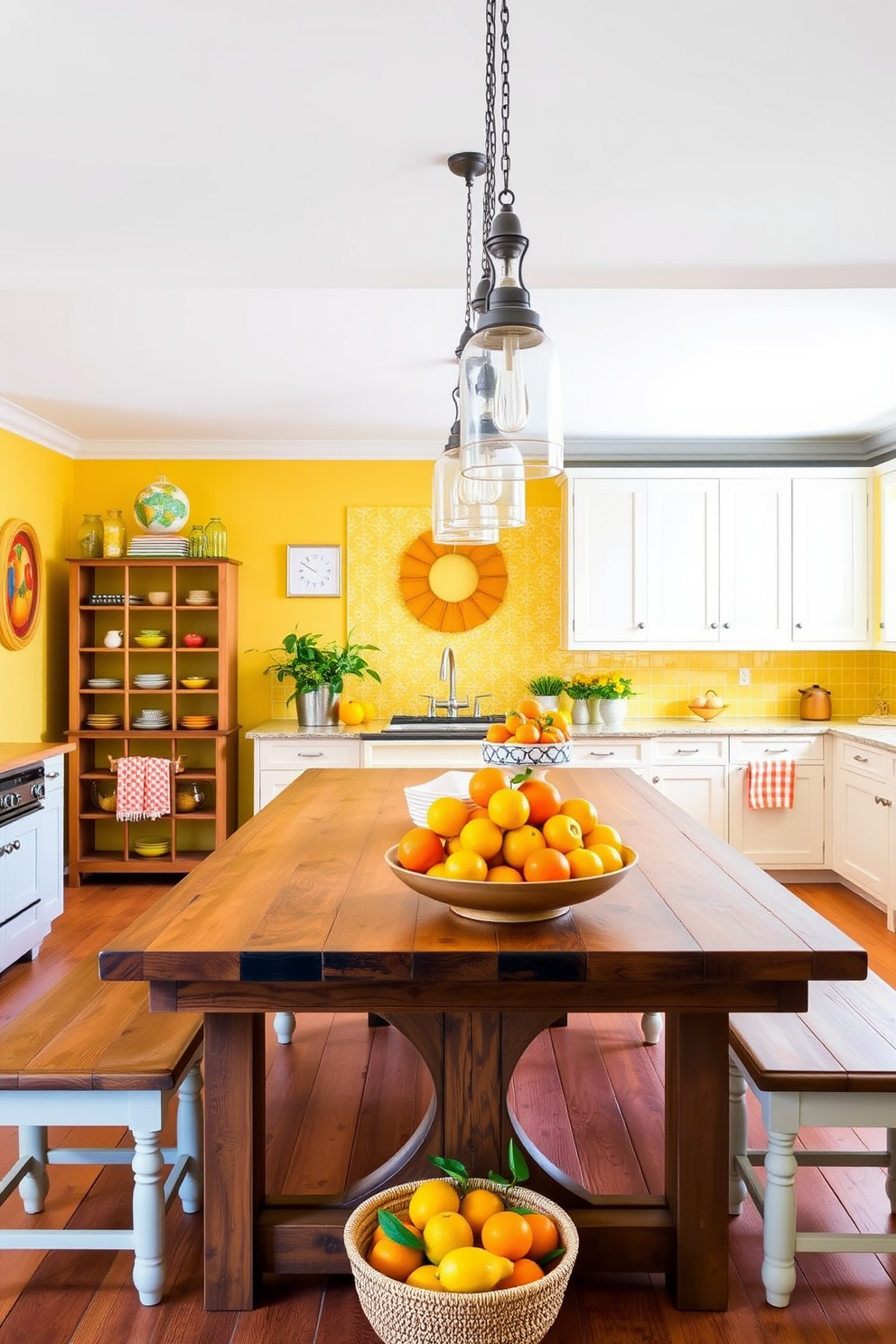 A bright and inviting summer kitchen with citrus decor accents. The walls are painted in a soft yellow hue, creating a cheerful atmosphere that complements the vibrant orange and lemon-themed accessories. A large farmhouse table is set in the center, adorned with a colorful fruit bowl filled with fresh citrus fruits. Hanging above the table are pendant lights with glass shades, casting a warm glow over the space.