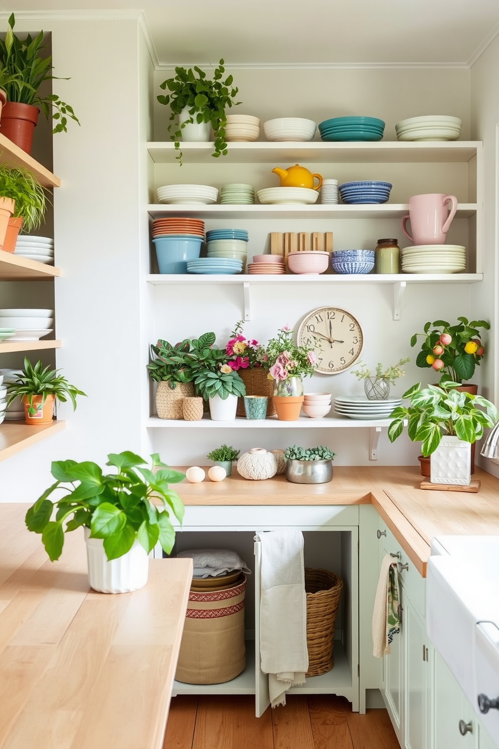 A bright summer kitchen with open shelving that allows for an airy and spacious display of colorful dishware and plants. The walls are painted in a soft pastel hue, and the countertops are made of light wood, creating a warm and inviting atmosphere.