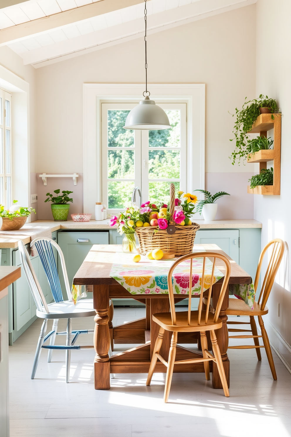 A bright summer kitchen filled with natural light. The centerpiece is a rustic wooden table adorned with a colorful tablecloth, surrounded by mismatched chairs. On the countertop, a picnic basket overflowing with fresh fruits and flowers adds a cheerful touch. The walls are painted a soft pastel color, and potted herbs line the windowsill, enhancing the inviting atmosphere.