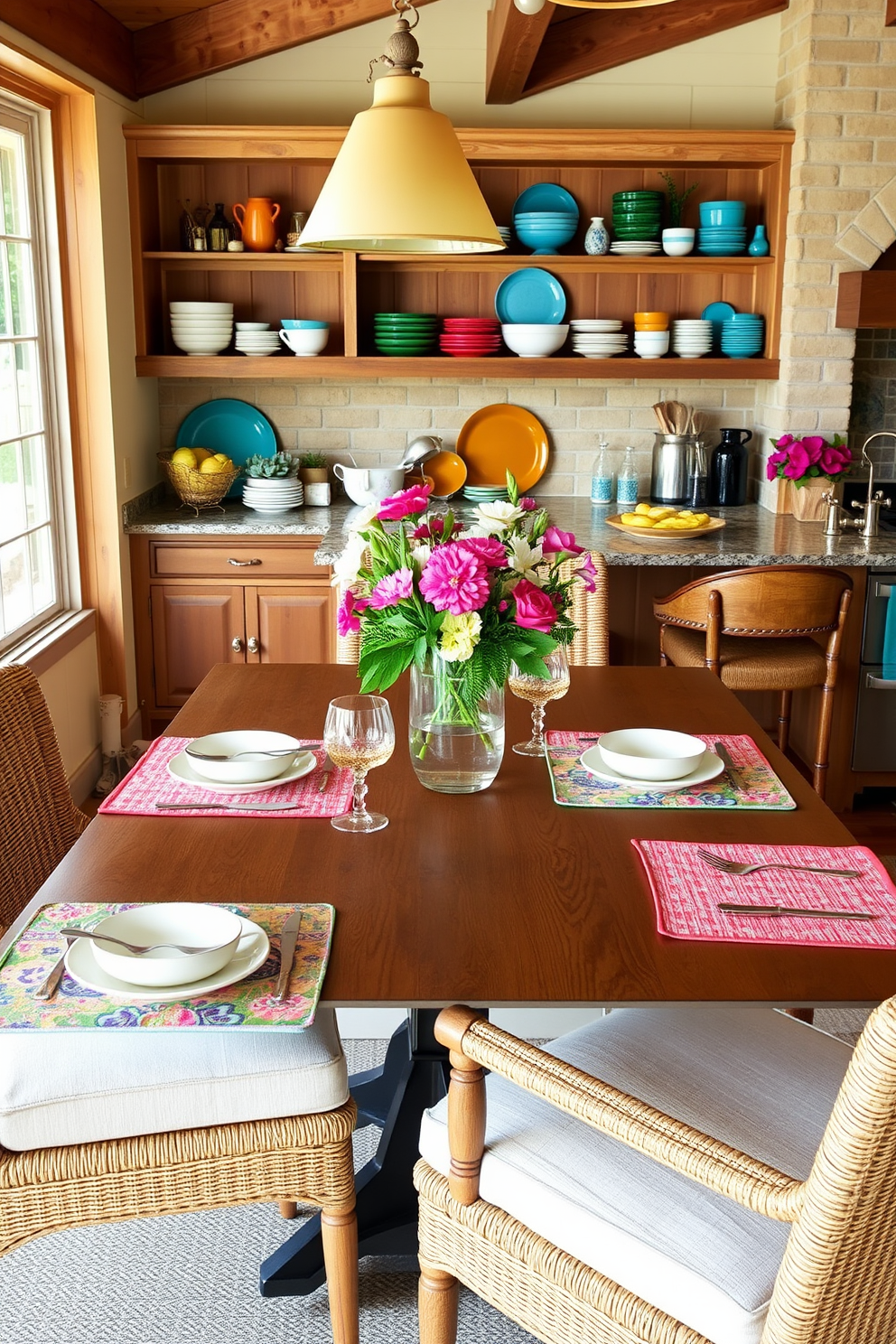 Create a lively dining area featuring vibrant placemats that add a pop of color to the table setting. Surround the table with comfortable chairs and incorporate fresh flowers in a centerpiece to enhance the summer kitchen vibe. Design a summer kitchen with open shelving that showcases colorful dishware and seasonal decor. Use natural materials like wood and stone to create a warm and inviting atmosphere, perfect for entertaining guests.