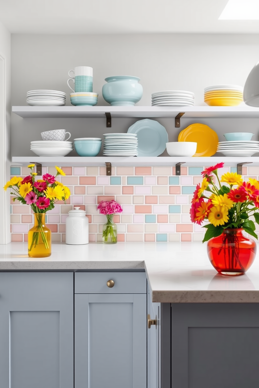 A bright and airy summer kitchen features open shelving adorned with colorful dishware and fresh flowers in bright vases. The countertops are a light quartz, complemented by a cheerful backsplash in pastel tiles, creating a welcoming and vibrant cooking space.