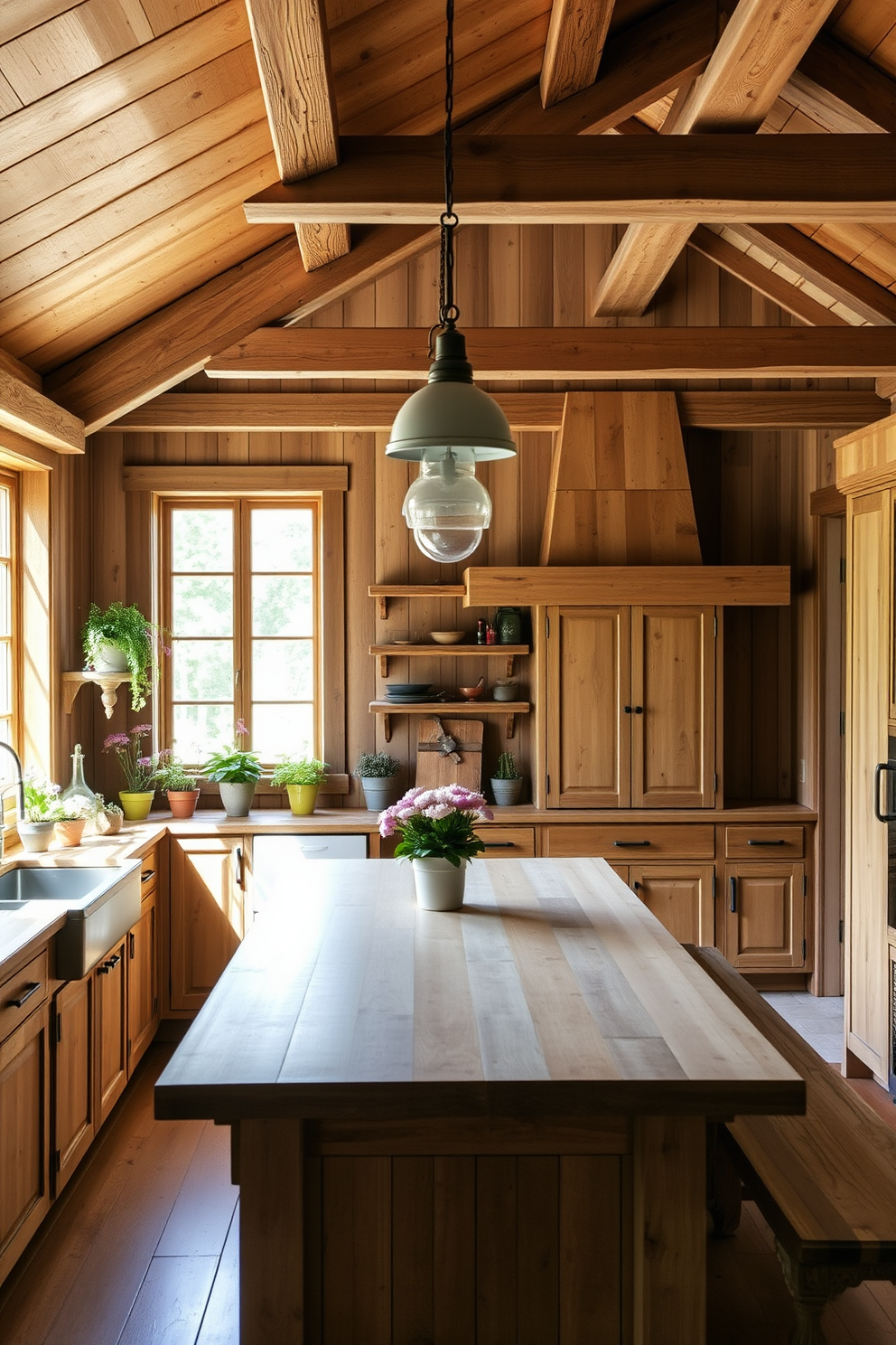 A summer kitchen filled with natural wood elements creates a warm and inviting atmosphere. The wooden beams of the ceiling are complemented by rustic wooden cabinets and a large farmhouse table at the center. The countertops are made of light-colored wood, providing a seamless flow with the surrounding decor. Potted herbs and fresh flowers adorn the windowsill, enhancing the connection to nature.