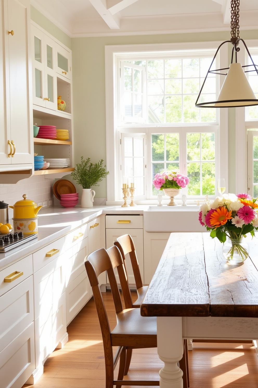 A bright and airy summer kitchen features white cabinetry with brass hardware that adds a touch of warmth. The countertops are a light marble, and colorful ceramic dishes are displayed on open shelves, creating a cheerful and inviting atmosphere. Large windows allow natural light to flood the space, highlighting a rustic wooden dining table adorned with fresh flowers. The walls are painted in a soft pastel hue, complemented by vibrant accents in the decor for a lively summer feel.