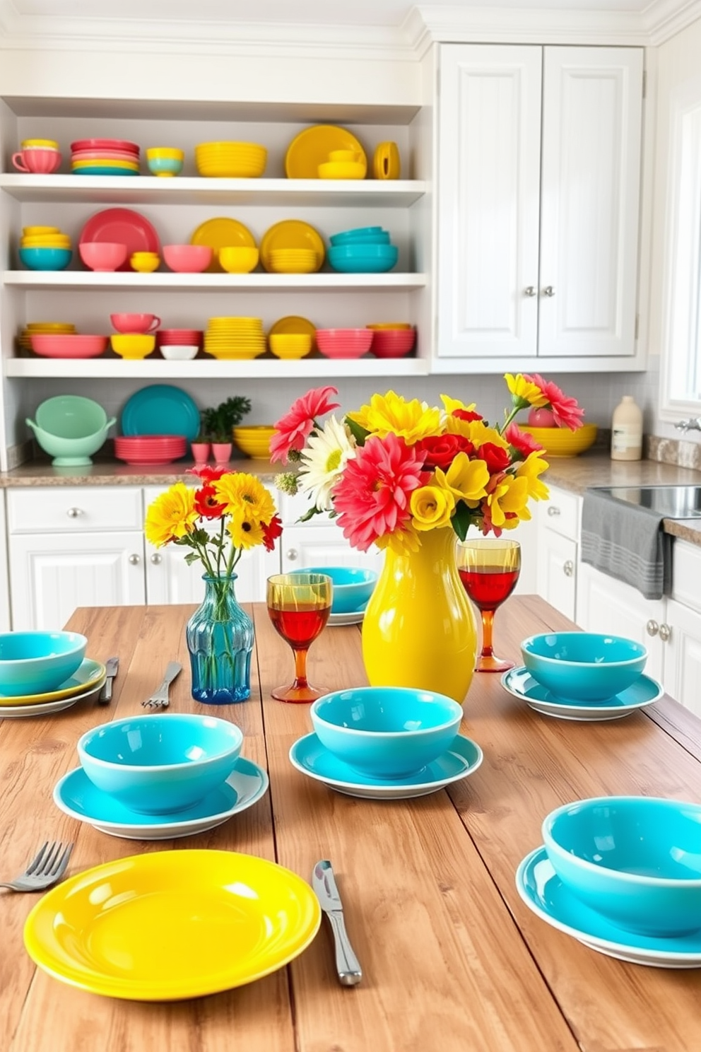 Bright colored dishware arranged on a wooden table creates a cheerful summer vibe. The table is adorned with vibrant plates, bowls, and glasses in shades of yellow, turquoise, and coral, complemented by fresh flowers in a matching vase. The kitchen features open shelves displaying the colorful dishware, enhancing the summer decor. Soft natural light floods the space, highlighting the playful patterns and textures of the dishware against a backdrop of crisp white cabinetry.