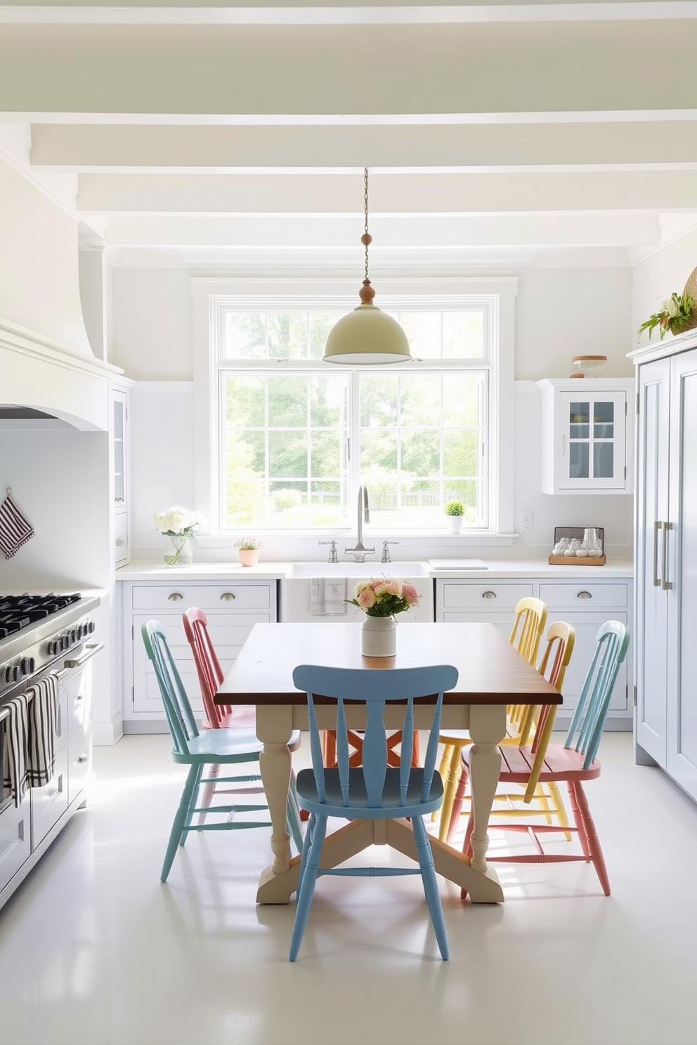 A bright and airy summer kitchen filled with natural light. The walls are painted a soft white, complemented by light blue cabinetry and a large farmhouse sink. A wooden dining table sits in the center, surrounded by mismatched chairs in pastel colors. Striped towels hang from the oven handle, adding a nautical touch to the cheerful decor.