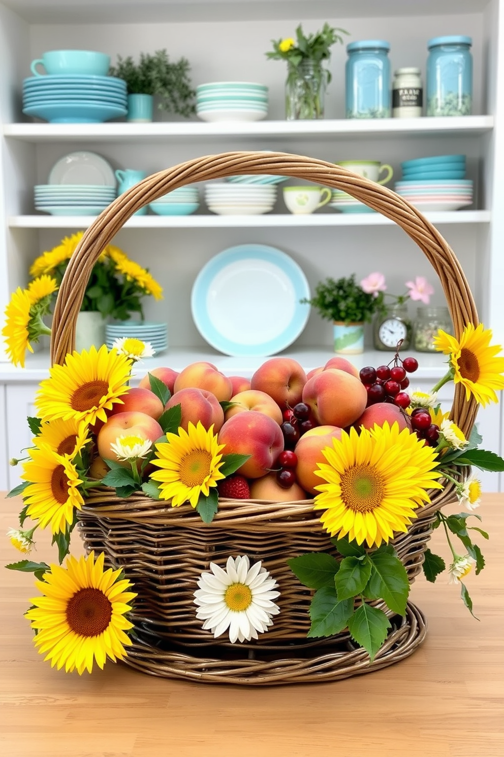 Create a summer-themed centerpiece arrangement featuring a large wicker basket filled with vibrant seasonal fruits such as peaches, plums, and cherries. Surround the basket with fresh flowers in bright colors like sunflowers and daisies for a cheerful touch. For summer kitchen decorating ideas, envision a bright and airy space with open shelves displaying colorful dishware and mason jars filled with fresh herbs. Use a light color palette with accents of turquoise and yellow to evoke a sunny and inviting atmosphere.