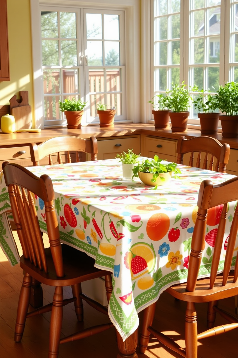 A vibrant summer kitchen setting features a cheerful table adorned with a fun summer-themed tablecloth filled with bright colors and playful patterns. Surrounding the table are rustic wooden chairs that invite casual dining and lively gatherings. The kitchen walls are painted in a soft pastel hue, complementing the lively tablecloth. Sunlight streams through large windows, illuminating fresh herbs in terracotta pots placed on the windowsill.