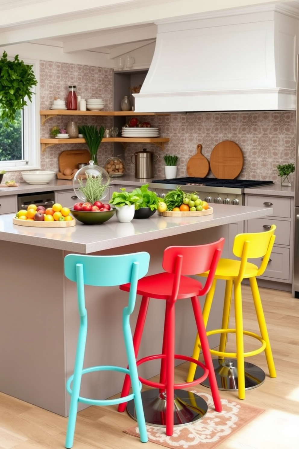 A vibrant summer kitchen features colorful bar stools arranged around a sleek island. The countertops are adorned with fresh fruits and herbs, creating a lively and inviting atmosphere.