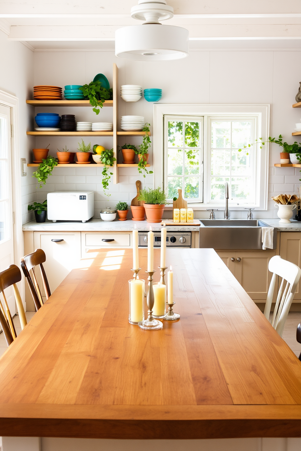 A bright and inviting summer kitchen filled with natural light. The space features open shelving adorned with colorful dishware and fresh herbs in terracotta pots. A large wooden dining table sits in the center, surrounded by mismatched chairs for a casual feel. Scented candles in citrus and floral fragrances are placed on the table, enhancing the summer ambiance.