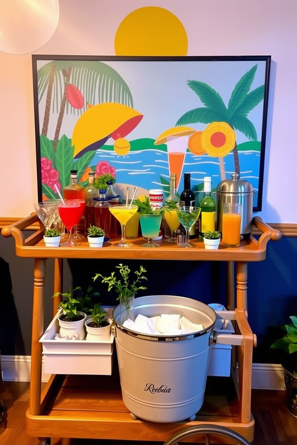 A refreshing drink station setup features a stylish wooden bar cart adorned with an array of colorful glassware and vibrant cocktail ingredients. Fresh herbs in small pots add a touch of greenery, while a vintage ice bucket sits prominently, ready for chilled beverages. The backdrop showcases a cheerful summer-themed mural, evoking a sense of warmth and relaxation. Soft, ambient lighting illuminates the space, creating an inviting atmosphere for gatherings and celebrations.