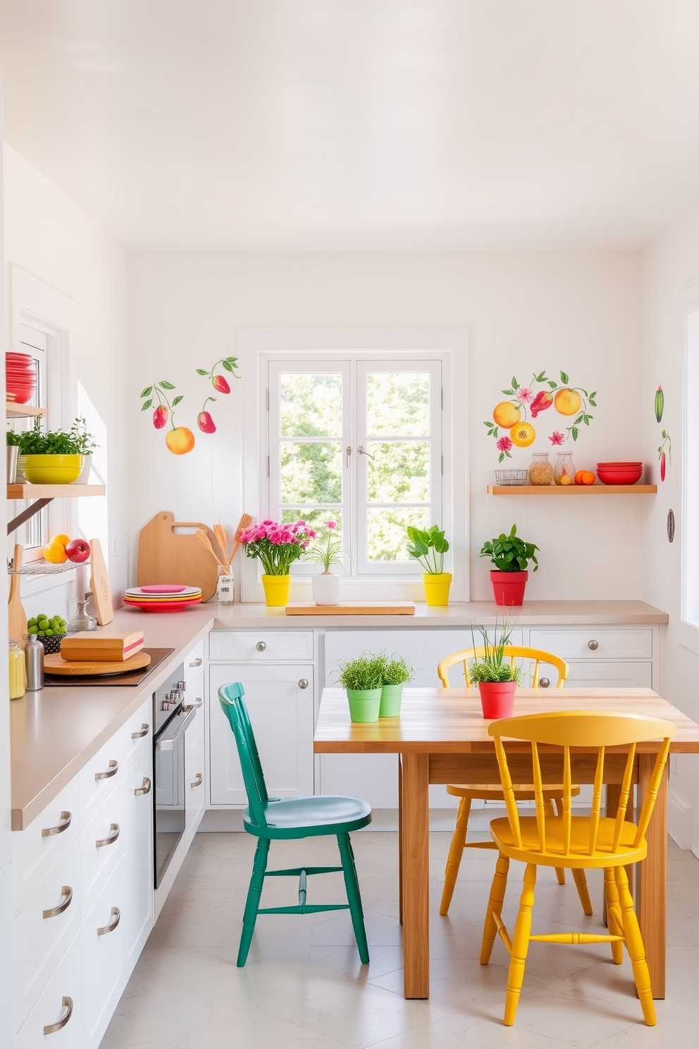 A bright and airy kitchen filled with natural light. Cheerful wall decals featuring fruits and flowers add playful accents to the white walls. The countertops are adorned with vibrant dishware and fresh herbs in colorful pots. A cozy dining nook with a wooden table and cheerful chairs invites family gatherings.