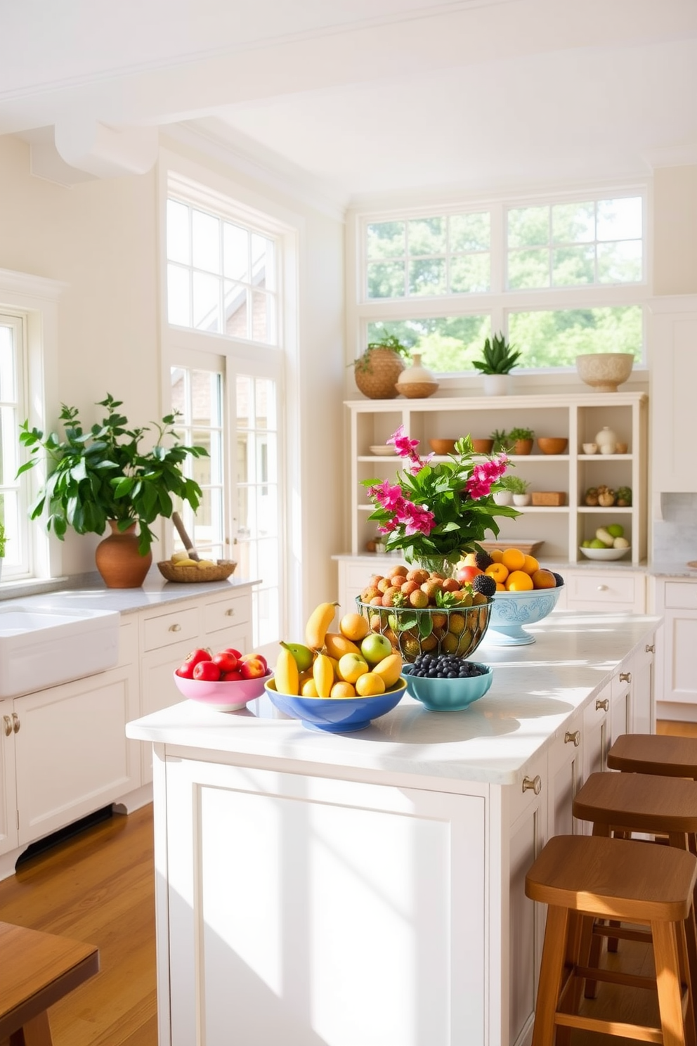 A bright and airy summer kitchen featuring an island adorned with vibrant bowls filled with an assortment of seasonal fruits. The walls are painted in a soft pastel hue, and large windows allow natural light to flood the space, creating a warm and inviting atmosphere.