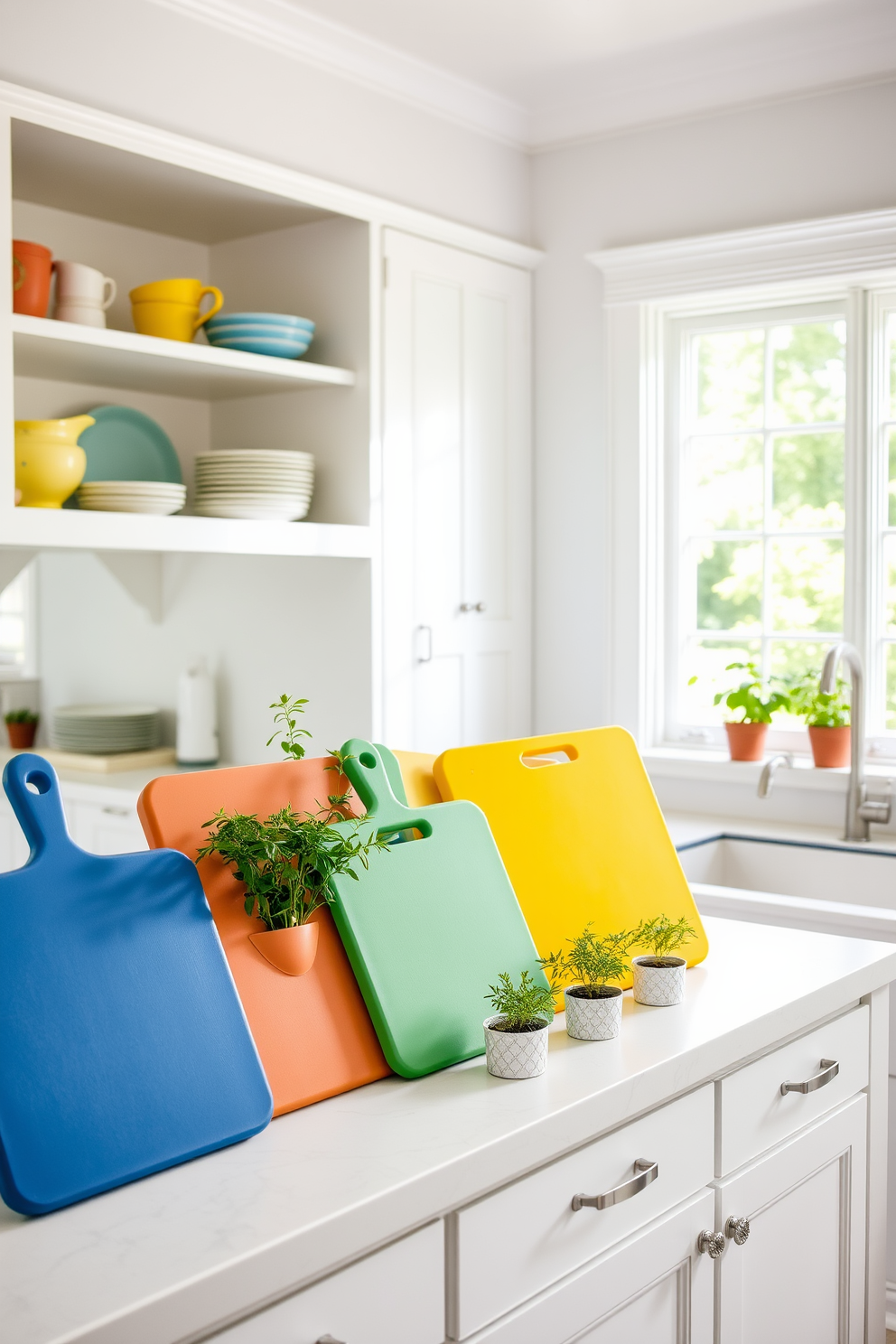 A bright and airy summer kitchen filled with natural light. Colorful cutting boards in shades of blue, yellow, and green are displayed on the countertop, adding a cheerful touch to the space. The kitchen features open shelving where vibrant dishware complements the cutting boards. Fresh herbs in small pots are placed near the window, enhancing the lively atmosphere.