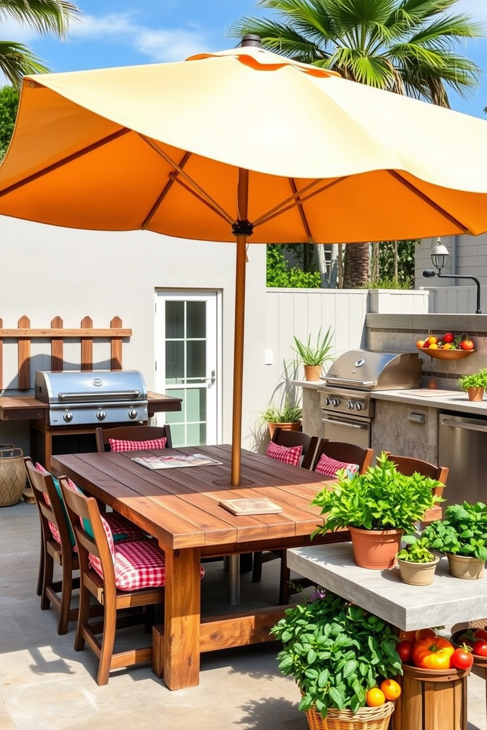 A vibrant outdoor dining area features a large beach umbrella providing shade over a rustic wooden dining table. Surrounding the table are comfortable chairs adorned with colorful cushions, creating a relaxed summer vibe. The summer kitchen is designed with a sleek grill station and a countertop made of natural stone. Potted herbs and fresh vegetables are displayed nearby, adding a touch of greenery and inviting aromas to the space.