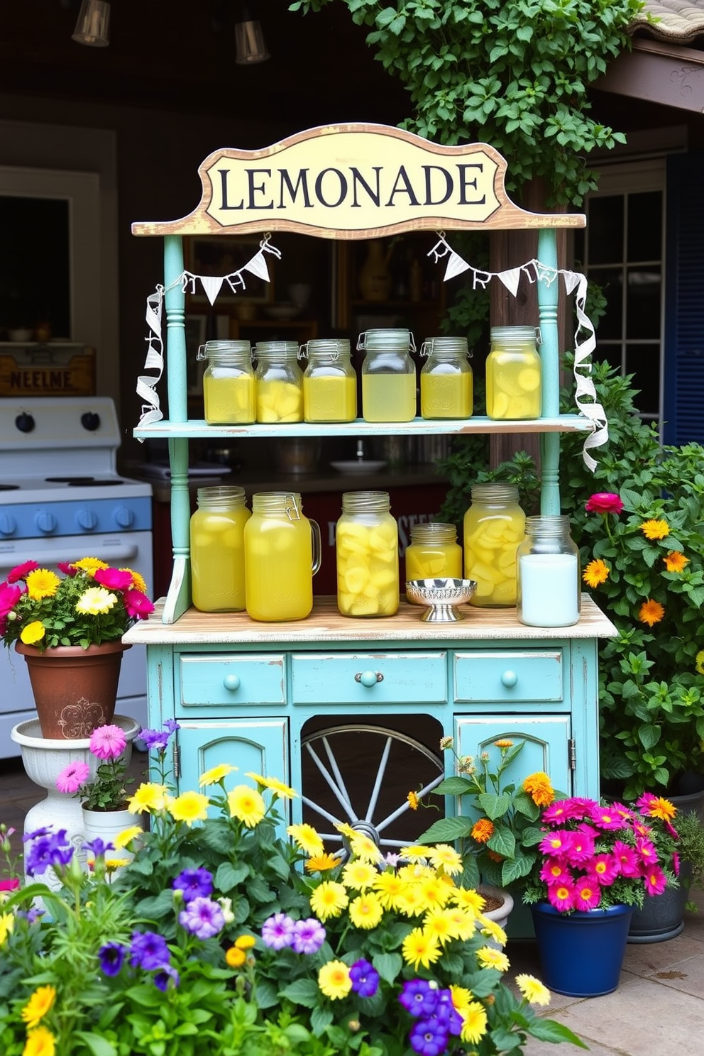 A charming outdoor summer kitchen features a vintage lemonade stand display adorned with colorful glass jars filled with fresh lemonade. The stand is surrounded by lush greenery and vibrant flowers, creating a welcoming atmosphere for guests to enjoy refreshing drinks.