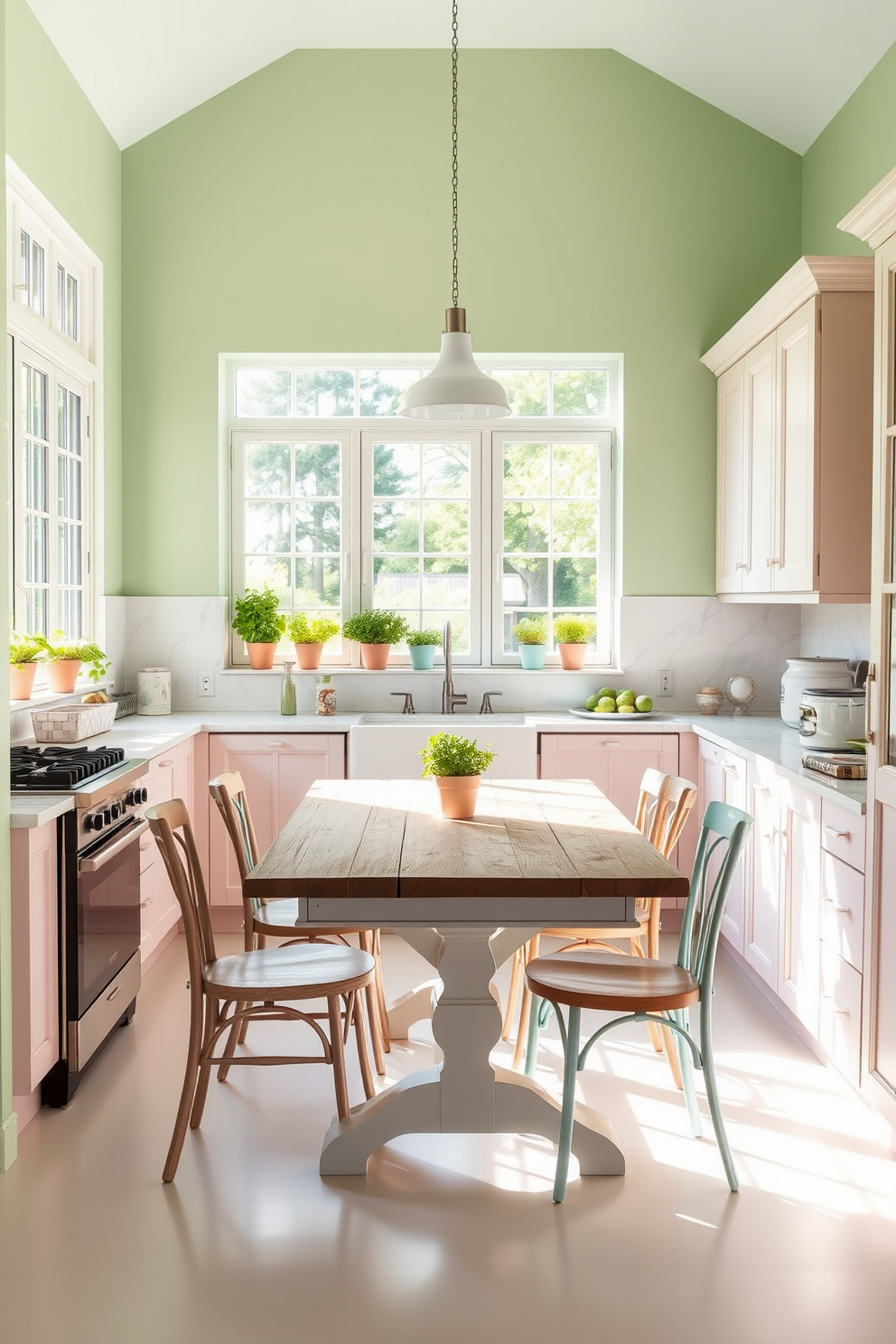 A light and airy summer kitchen adorned with pastel shades. The walls are painted in a soft mint green, complemented by pale pink cabinetry and a creamy white marble backsplash. A rustic wooden dining table sits in the center, surrounded by mismatched pastel chairs. Sunlight pours in through large windows, illuminating fresh herbs in pastel-colored pots on the windowsill.