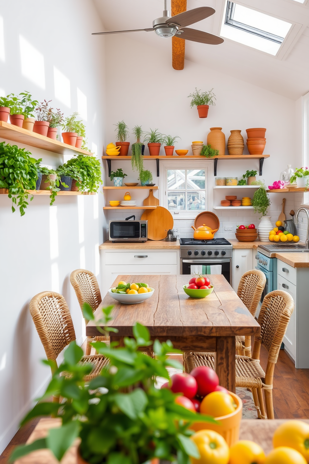 A bright summer kitchen filled with natural light. The space features open shelving adorned with potted herbs like basil and rosemary, adding vibrant greenery to the decor. A rustic wooden dining table is set in the center, surrounded by woven chairs. Brightly colored dishware and fresh fruits are displayed, enhancing the inviting atmosphere of the kitchen.