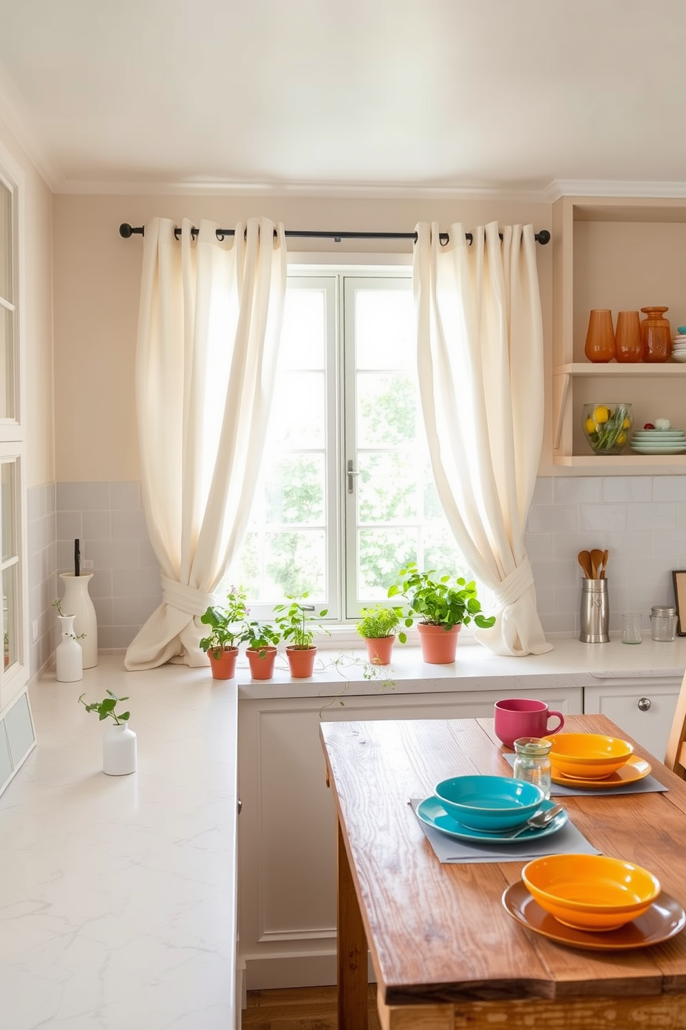 A bright and airy summer kitchen features lightweight fabric curtains that gently flutter in the breeze. The space is adorned with fresh herbs in small pots on the windowsill and a rustic wooden dining table set with colorful dishware. The countertops are a creamy white with subtle veining, complemented by open shelving displaying vibrant glassware and seasonal fruits. Soft pastel colors dominate the decor, creating a cheerful and inviting atmosphere perfect for summer gatherings.