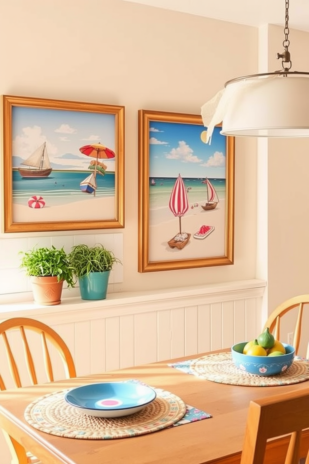 Hang summer-themed wall art prints that feature vibrant colors and beach scenes. The prints should be framed in light wood to complement the airy atmosphere of the kitchen. Incorporate fresh herbs in decorative pots on the windowsill to enhance the summer feel. Use cheerful table linens and placemats in bright patterns to create a welcoming dining space.