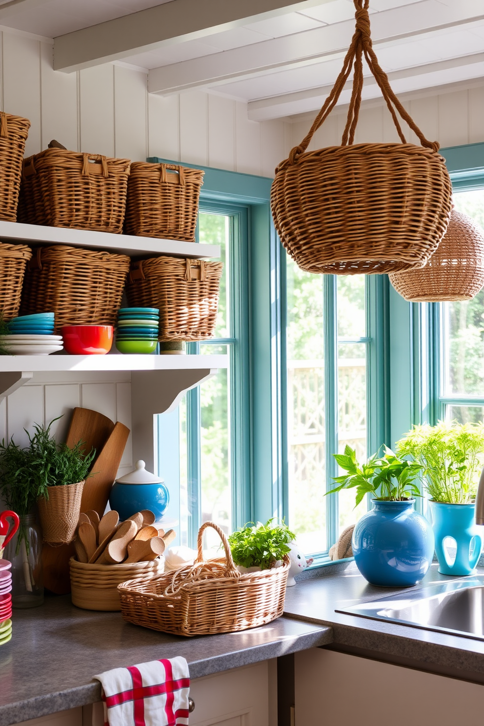 A cozy summer kitchen adorned with woven baskets for storage solutions. The baskets are arranged on open shelves, adding both functionality and a touch of rustic charm to the space. Brightly colored dishware and fresh herbs are displayed alongside the baskets, enhancing the vibrant atmosphere. Sunlight streams through large windows, illuminating the cheerful decor and inviting a sense of warmth.