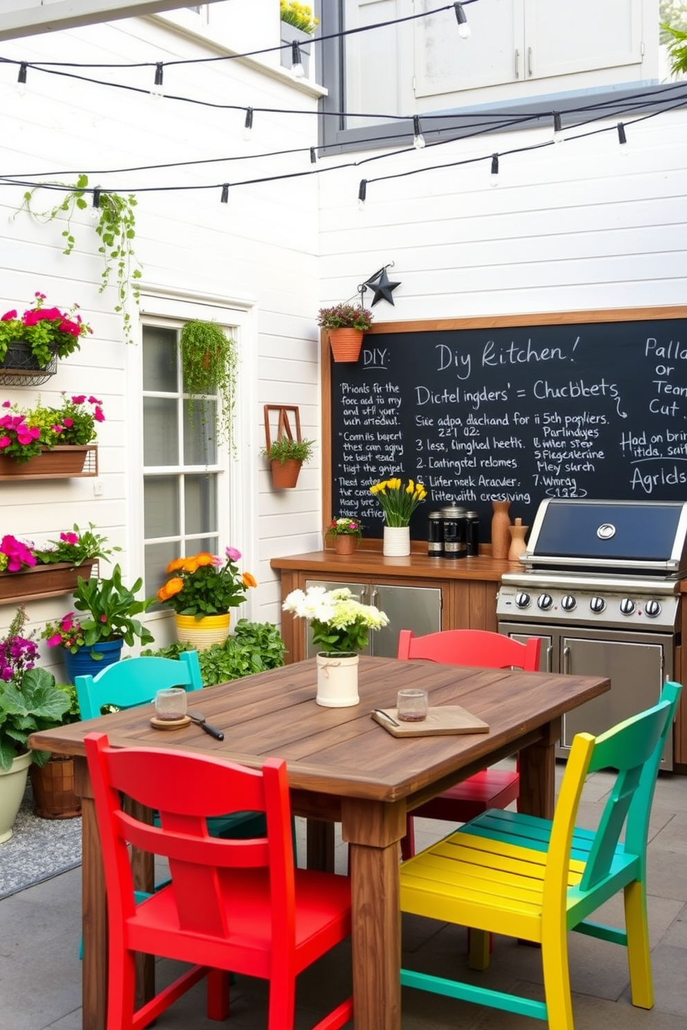 A charming outdoor summer kitchen features a rustic wooden table surrounded by colorful chairs. The walls are adorned with a large DIY chalkboard, perfect for jotting down notes and recipes, while potted herbs and vibrant flowers add a touch of greenery. The kitchen is equipped with a built-in grill and an elegant countertop for food preparation. String lights overhead create a cozy ambiance for evening gatherings, making it an inviting space for entertaining friends and family.