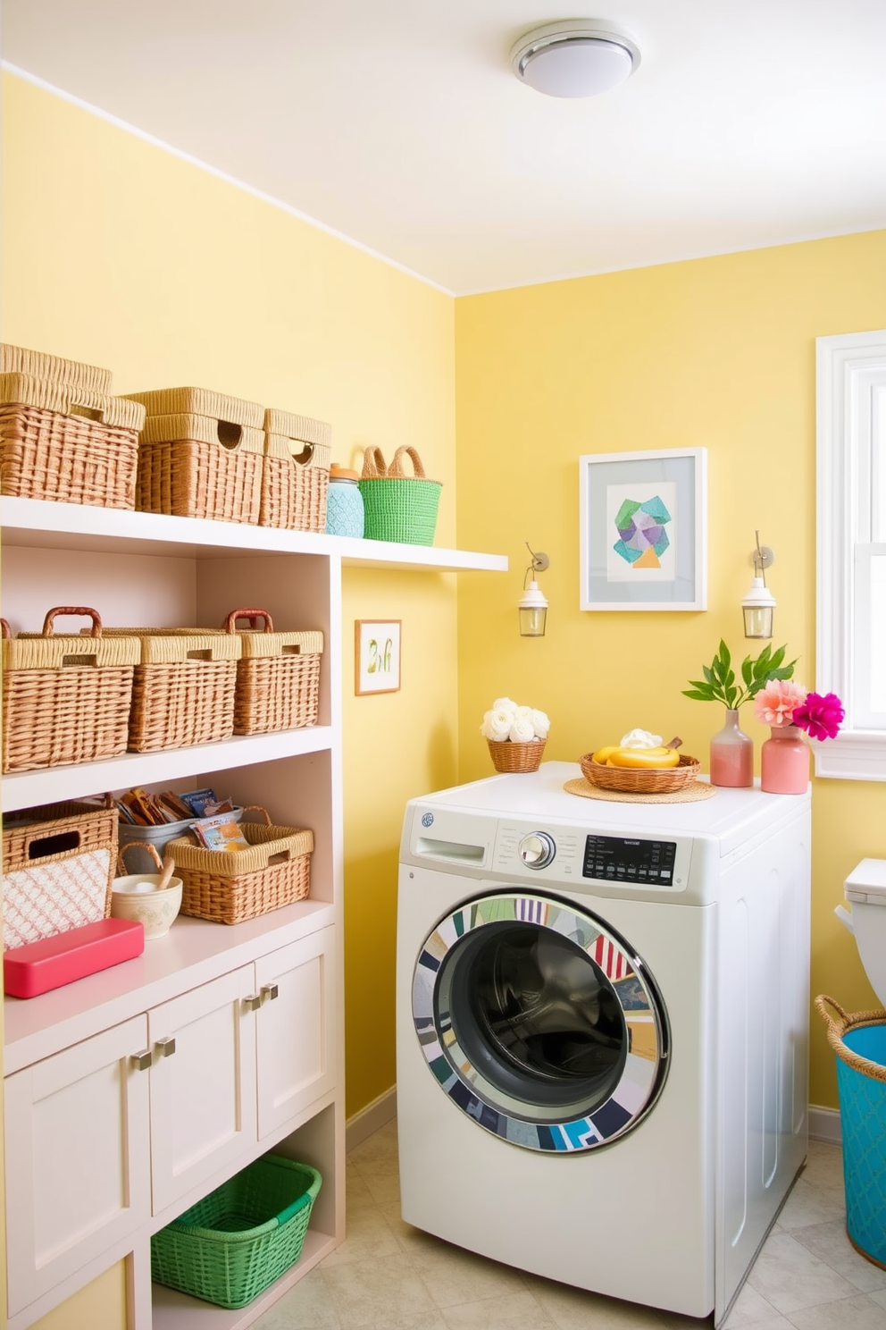 Bright pastel colors adorn the walls, creating a cheerful and inviting atmosphere. The laundry room features open shelving with neatly arranged baskets and colorful decor accents that enhance the summer vibe.