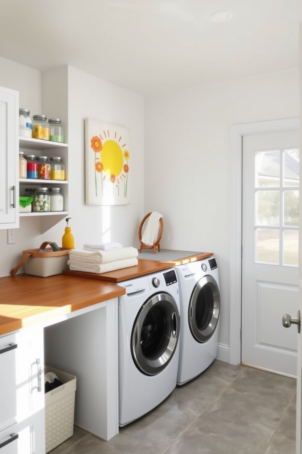 A bright and airy laundry room filled with natural light. The walls are painted a soft white, and the floor is covered with light gray tiles. Clear jars filled with colorful laundry supplies are neatly arranged on open shelving. A cheerful summer-themed artwork hangs above a wooden countertop that serves as a folding station.