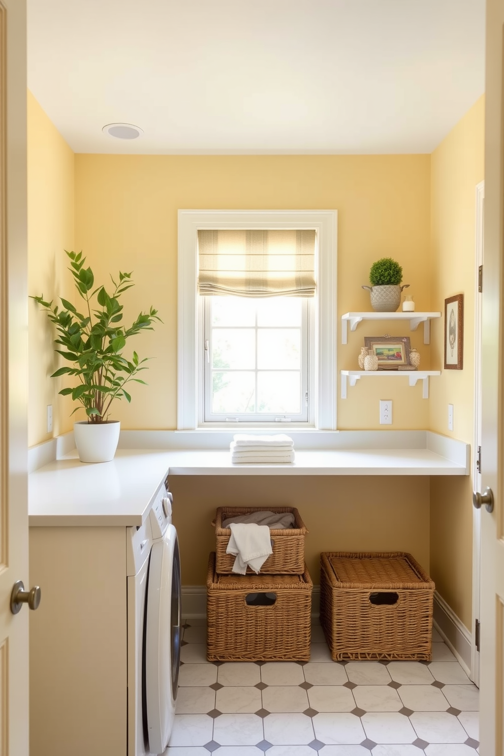 A bright and airy laundry room filled with natural light. The walls are painted in a soft yellow hue, and a sunny window treatment frames a large window overlooking the garden. A spacious countertop made of white quartz provides ample space for folding clothes. Decorative baskets are neatly arranged underneath, while a cheerful potted plant adds a touch of greenery to the room.