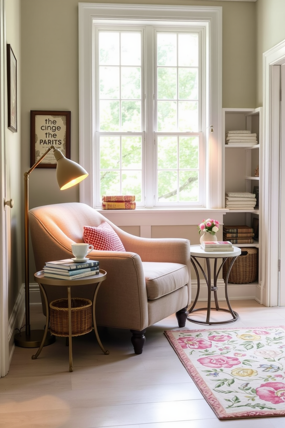 Create a cozy reading nook corner with a plush armchair upholstered in soft, neutral fabric positioned next to a large window. A small side table holds a stack of books and a steaming cup of tea, while a floor lamp with a warm glow provides gentle lighting for evening reading. Design a summer laundry room with bright, airy colors and floral accents. Incorporate open shelving to display neatly folded linens and a cheerful rug that adds a pop of color to the space.