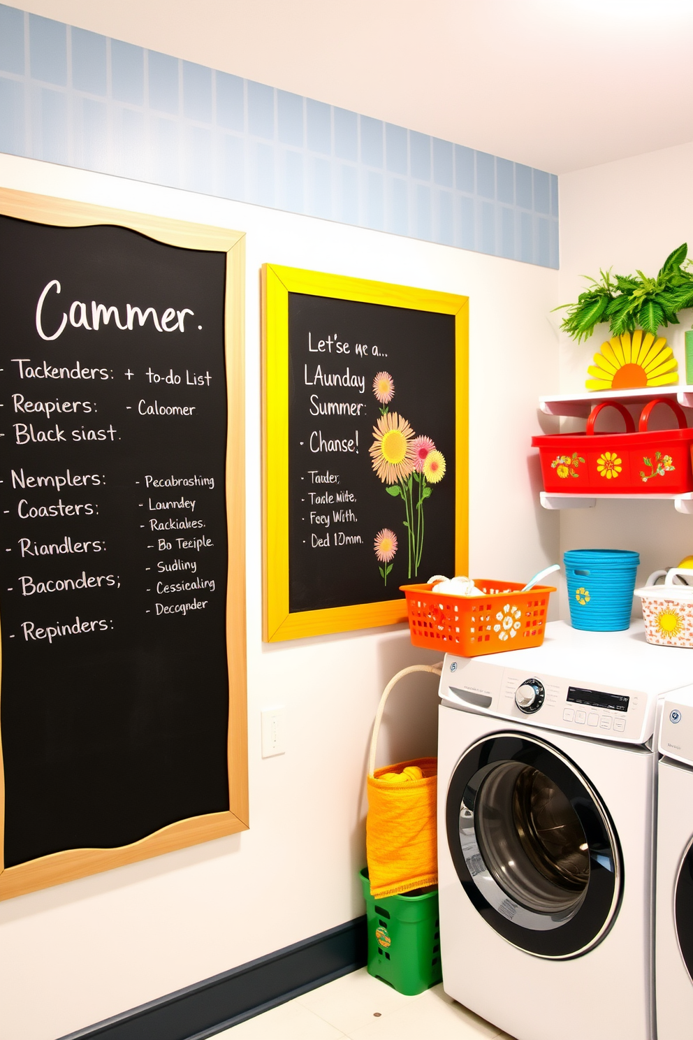 A bright and cheerful laundry room features a large chalkboard mounted on the wall for writing reminders and to-do lists. The space is adorned with vibrant summer-themed decor, including colorful storage bins and cheerful wall art that brings a sense of joy to laundry day.