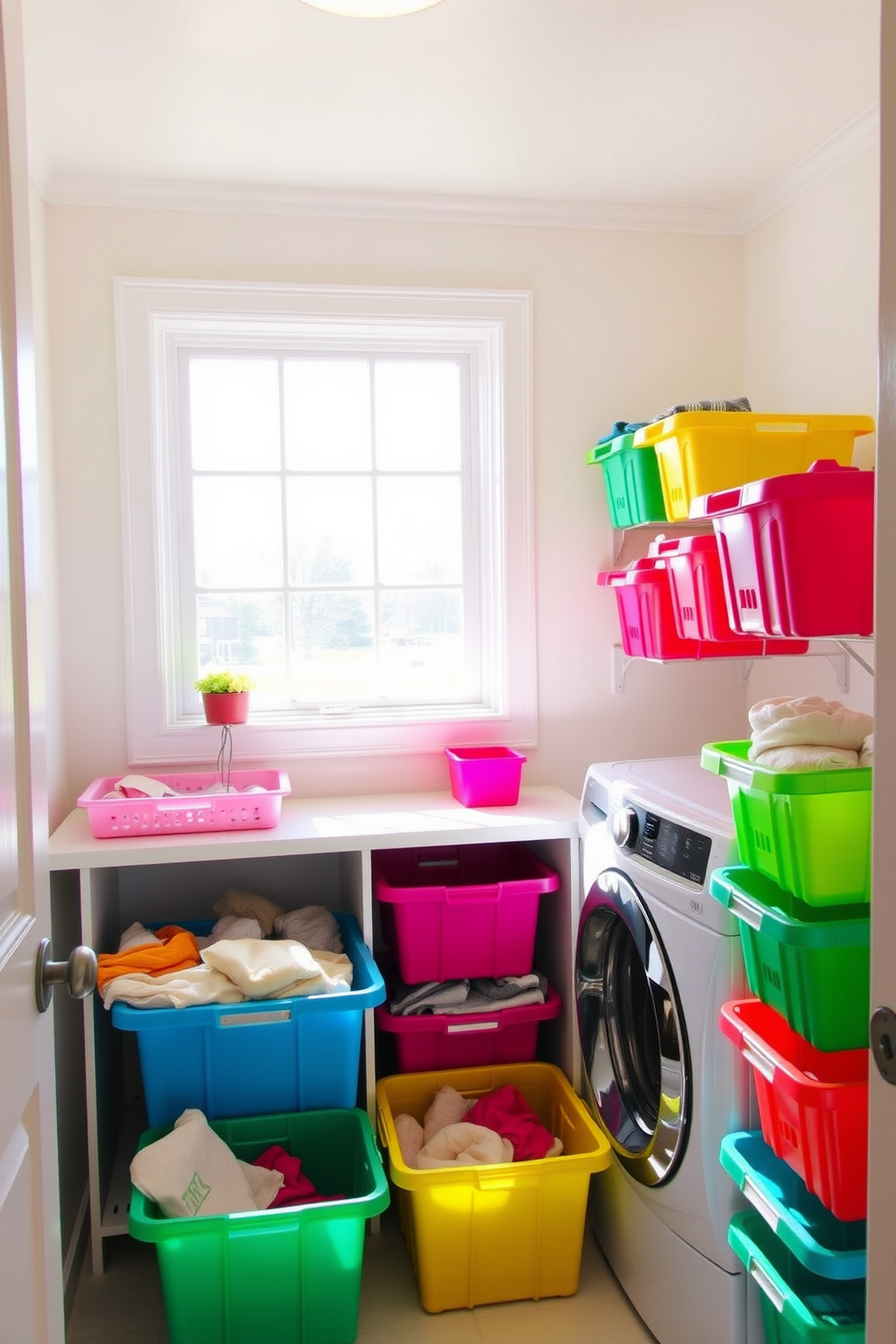 A bright and cheerful laundry room features colorful bins for sorting clothes, creating an organized and fun atmosphere. The walls are painted in a light pastel shade, and a large window allows natural light to flood the space, enhancing the vibrant colors of the bins.