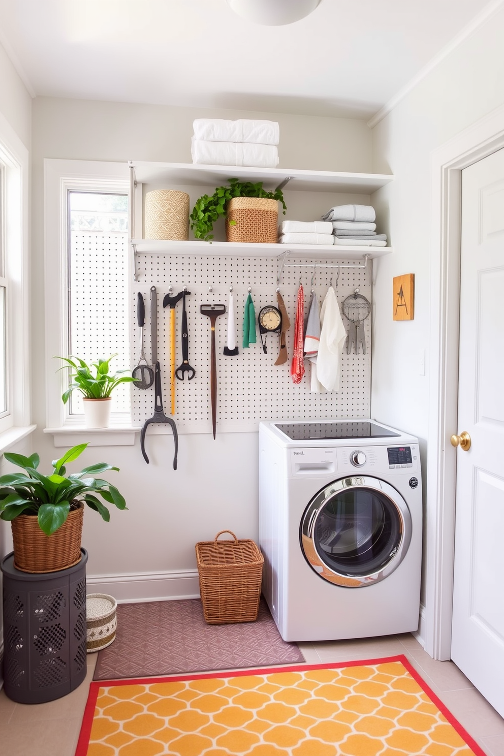 A bright and airy laundry room features a pegboard mounted on the wall, providing an organized space for hanging tools and accessories. The walls are painted in a soft pastel color, and a cheerful patterned rug adds a pop of color to the floor. Incorporate open shelving above the pegboard for additional storage, showcasing neatly folded towels and decorative baskets. Potted plants on the windowsill bring a touch of nature indoors, creating a refreshing atmosphere.