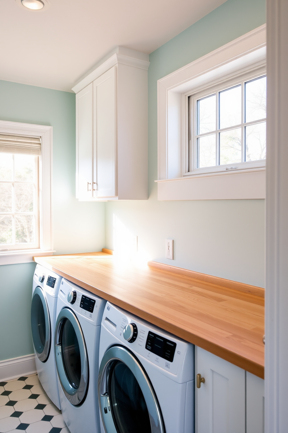 A bright and airy laundry room features a stylish countertop made of light wood, perfect for folding clothes. The walls are painted in a soft pastel blue, and a large window allows natural light to flood the space, enhancing the cheerful atmosphere.