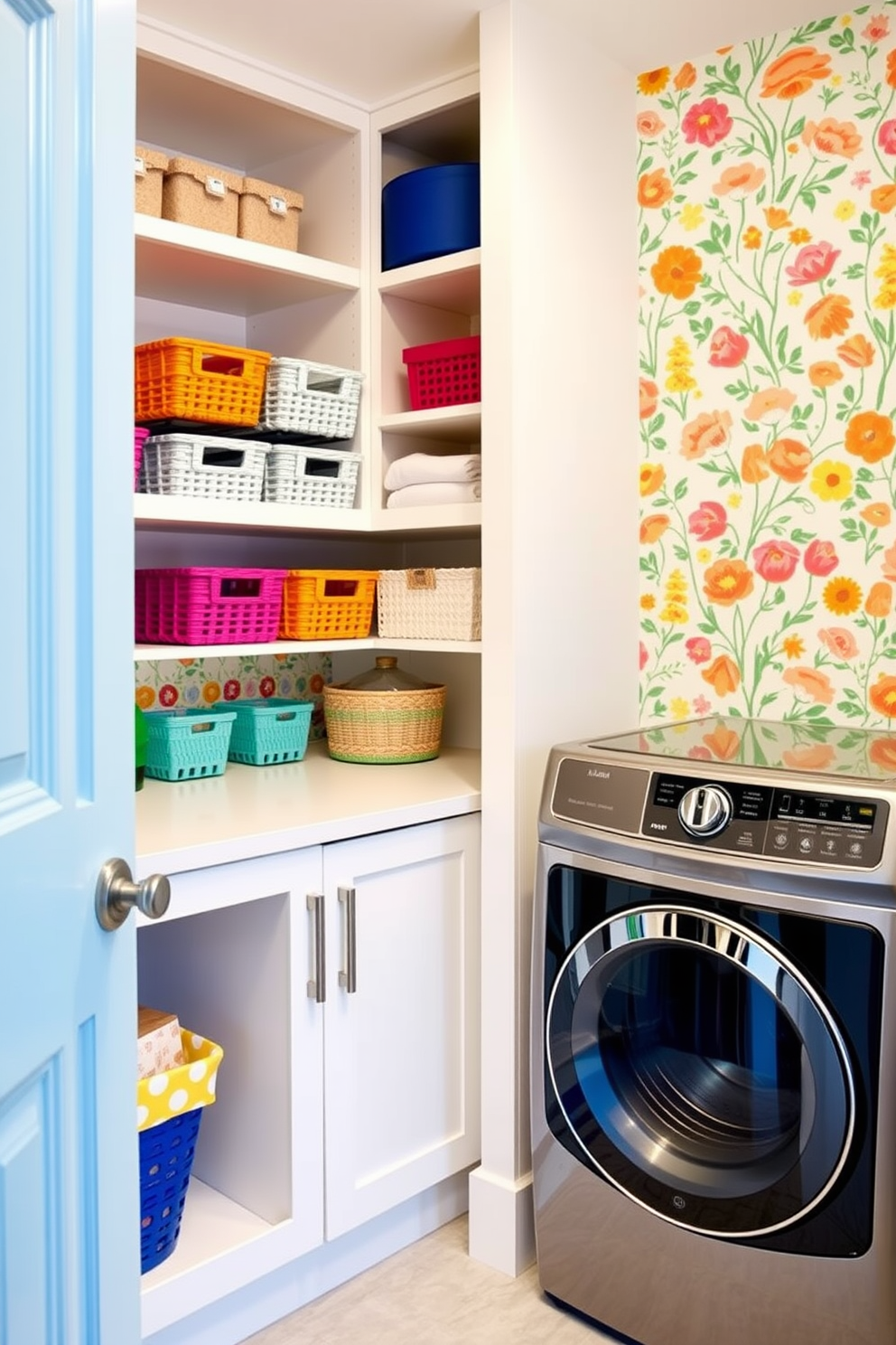 A bright and cheerful laundry room features a fun floral wallpaper on the accent wall, bringing a vibrant touch to the space. The room is equipped with a modern washer and dryer, complemented by open shelving displaying colorful baskets and laundry essentials.