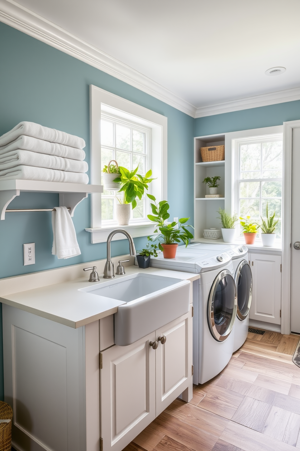 A bright and airy laundry room featuring a charming farmhouse sink with a polished nickel faucet. The walls are painted in a soft blue hue, complemented by white cabinetry and open shelving displaying neatly folded towels and decorative baskets. The floor is adorned with a rustic wood-look tile that adds warmth to the space. Natural light floods in through a large window, illuminating a cheerful arrangement of potted plants on the windowsill.