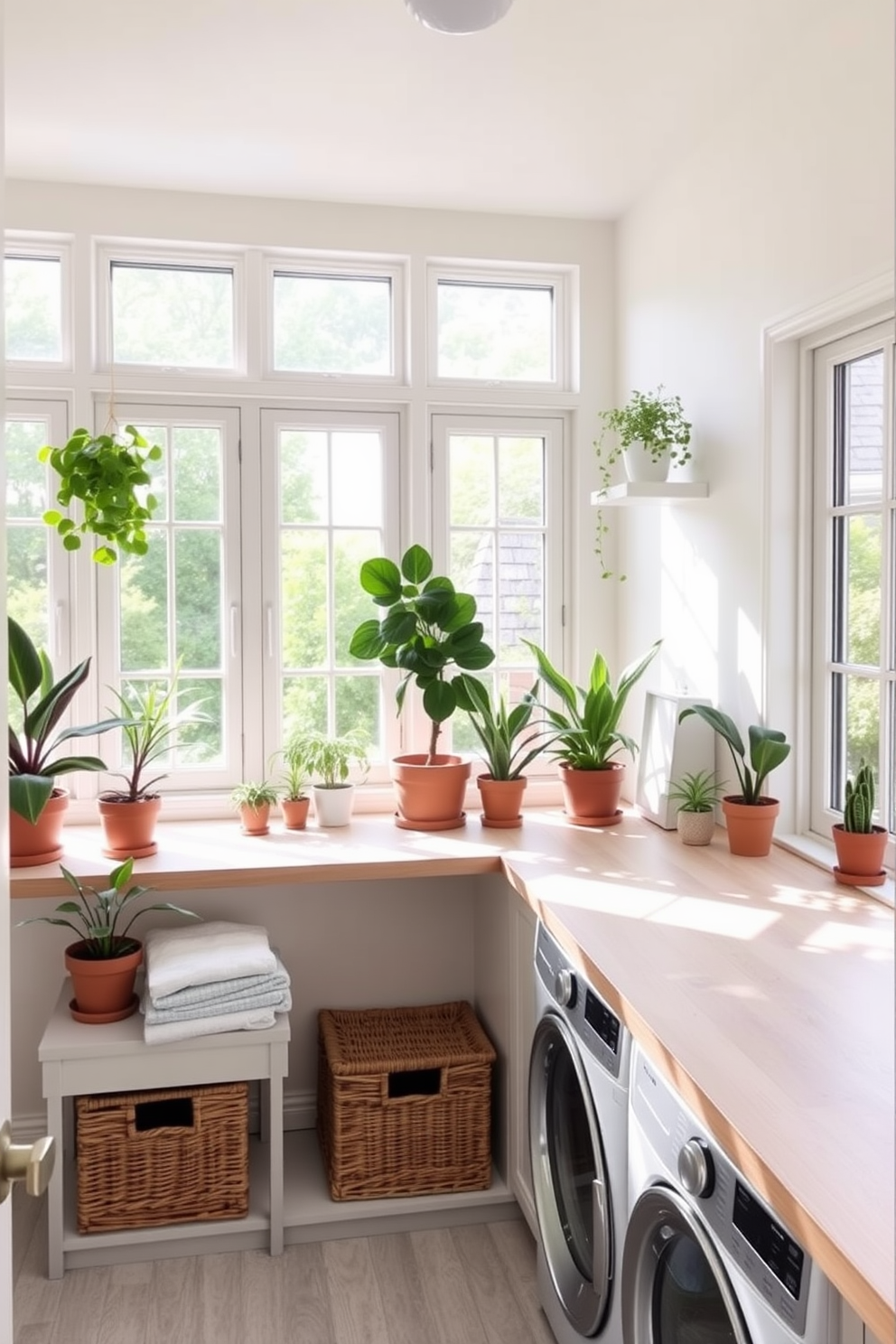 A bright and airy laundry room featuring large windows that allow natural light to flood in. The space is adorned with various indoor plants in stylish pots, adding a touch of freshness and vibrancy. The walls are painted in a soft pastel color, creating a cheerful atmosphere. A spacious countertop made of light wood provides ample space for folding laundry, complemented by woven baskets for organization.