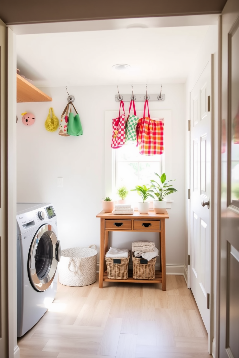 A bright and airy laundry room filled with natural light. The walls are painted in a soft pastel color, and the floor features light wood planks. In one corner, there is a stylish washing machine and dryer stacked with a decorative shelf above. Decorative hooks are mounted on the wall, displaying colorful accessories like aprons and tote bags. A small wooden table is placed in the center, adorned with potted plants and neatly folded towels. Baskets for organizing laundry items are stylishly arranged beneath the table, adding to the room's charm.