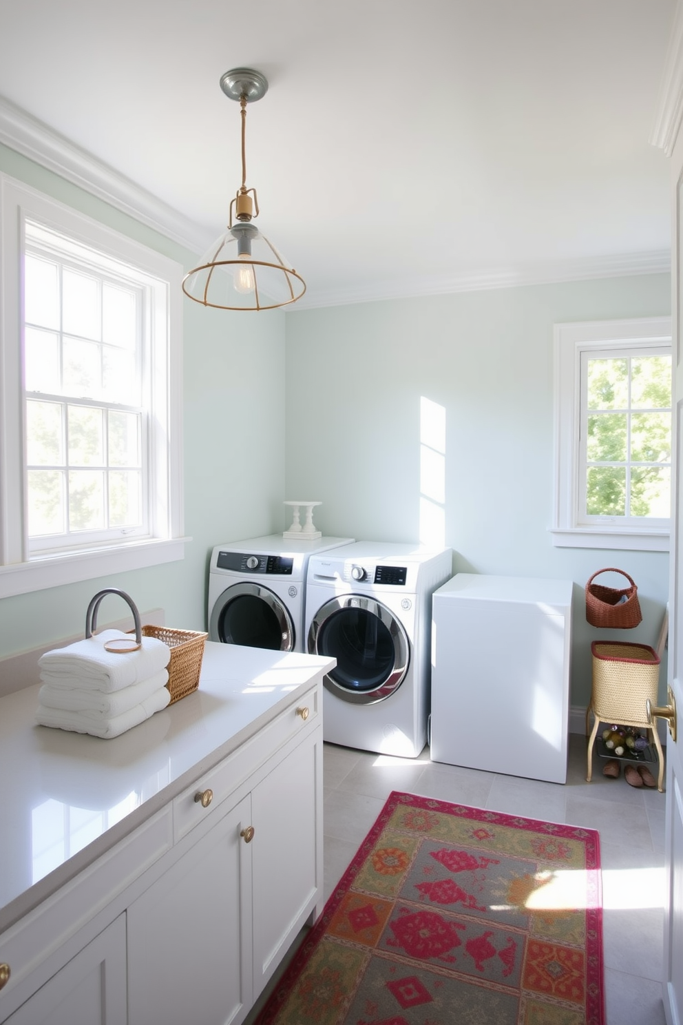 A bright and airy laundry room filled with natural light. The space features a large window that allows sunlight to stream in, enhancing the cheerful atmosphere. The walls are painted in a soft pastel color, creating a refreshing backdrop. A stylish light fixture hangs from the ceiling, providing both illumination and an inviting ambiance. A spacious countertop made of white quartz is adorned with neatly folded towels and a decorative basket. The floor is covered with a colorful, patterned rug that adds a touch of warmth and personality to the room.